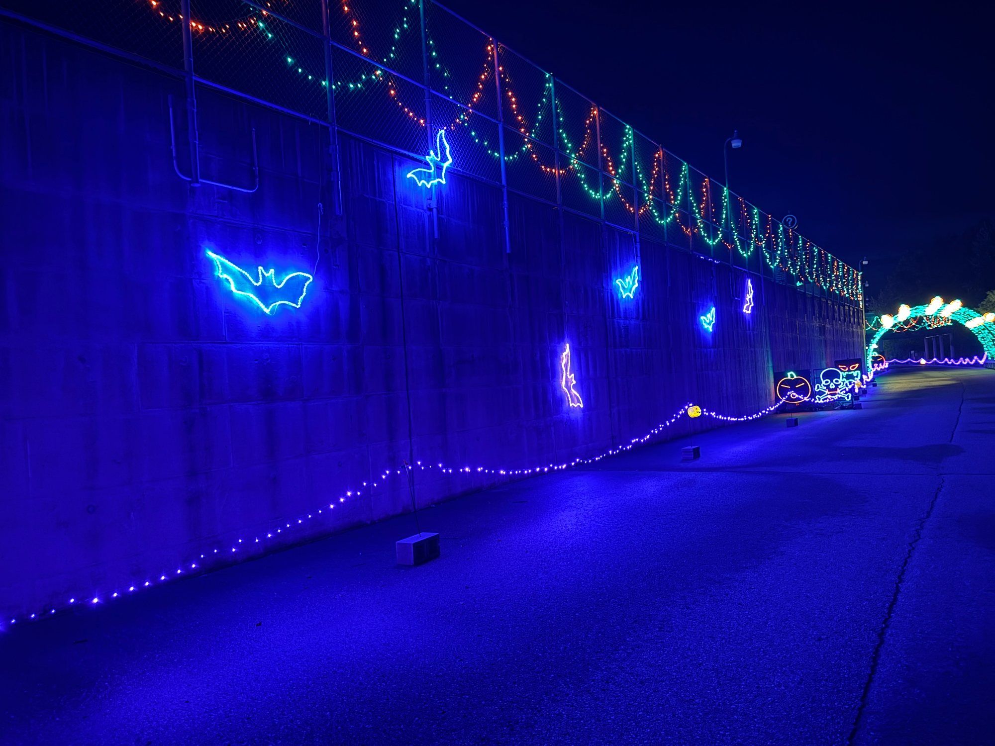 Blue light tunnel wall glowing along the drive-thru route
