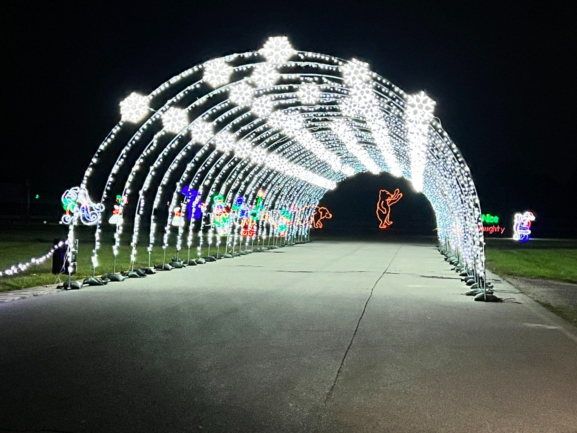 Lit skeleton archway curving over the Halloween drive-thru route